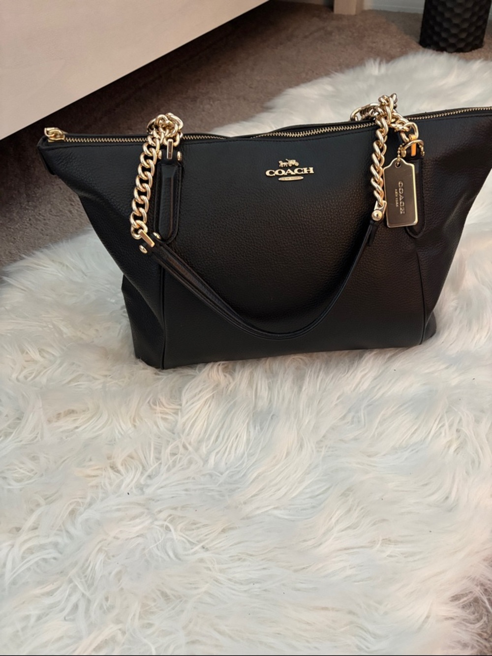 Coach Black Pebbled Leather Tote with Gold Chain Trim